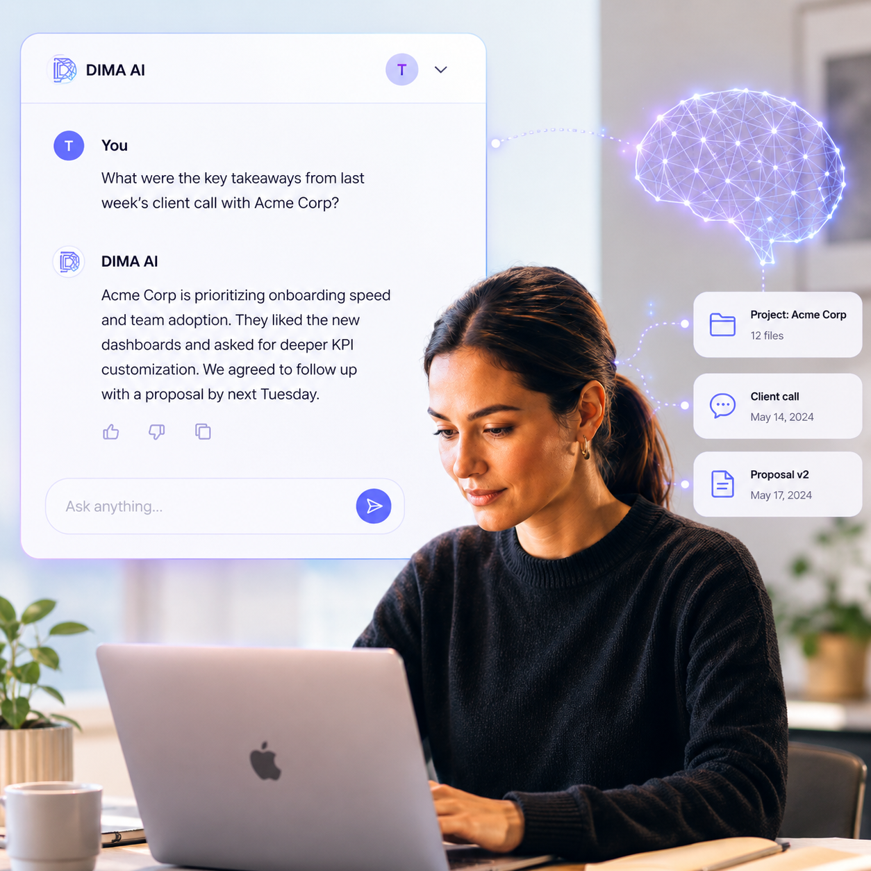 Company Chat answering from workspace context, grounded in the project, call notes and proposal