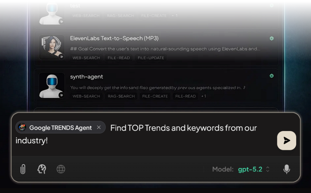 Tag specialized agents directly in DIMA Chat using @ to run multi-step work